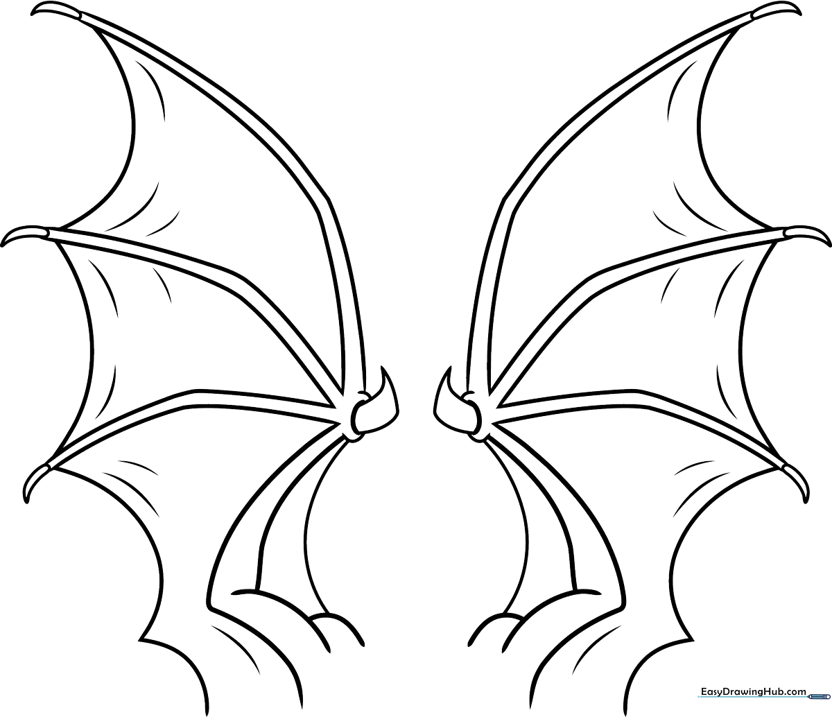 Black and white line art of majestic dragon wings with detailed membrane textures, ready for children to color with markers or crayons.
