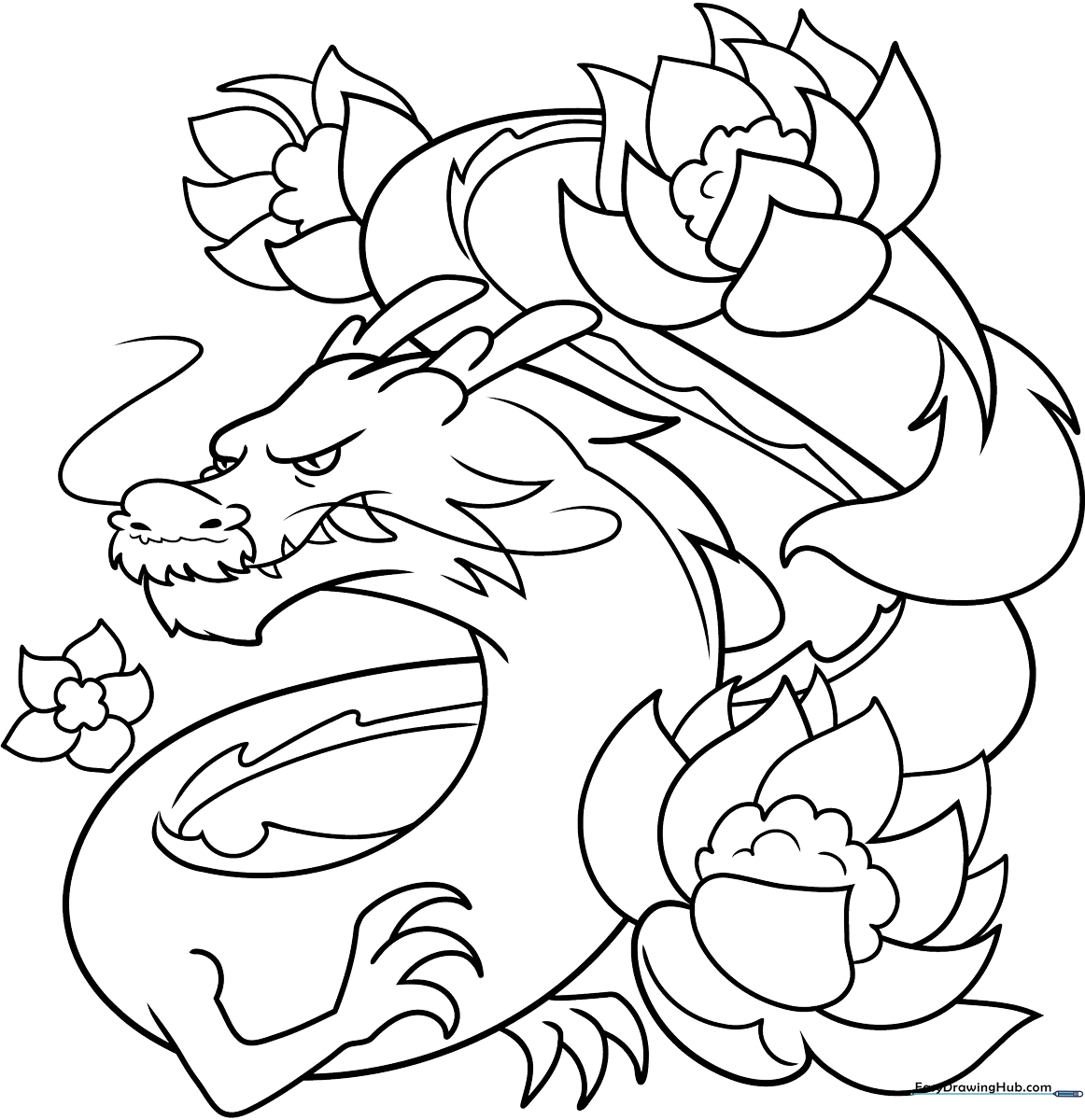 A friendly cartoon dragon sitting among blooming flowers, featuring bold outlines perfect for young children to color.