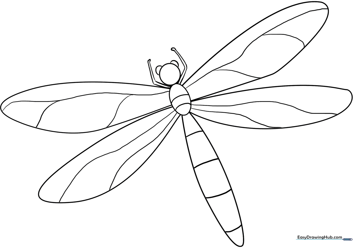 A clean, black-and-white line art illustration of a dragonfly with large, detailed wings, designed for children to color.