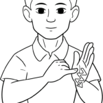 Black and white line art illustration of a hand performing the American Sign Language sign for the word 'Draw', ready for coloring.