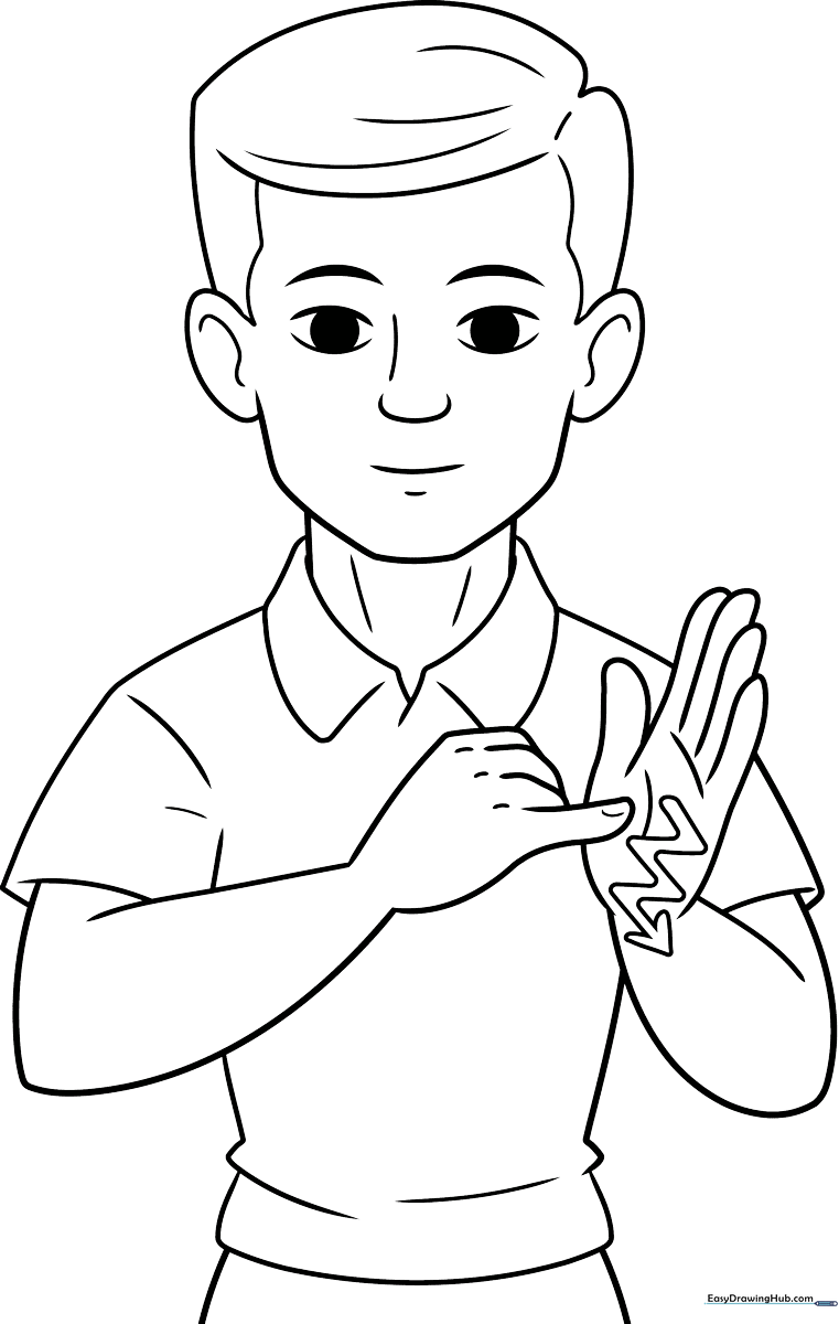 Black and white line art illustration of a hand performing the American Sign Language sign for the word 'Draw', ready for coloring.