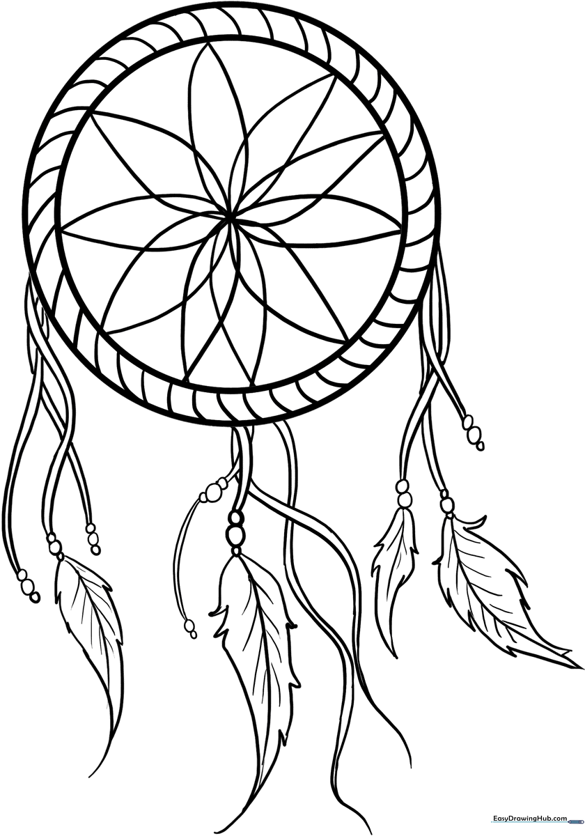 Black and white line art of a traditional dream catcher with detailed webbing and three hanging feathers, ready for children to color.
