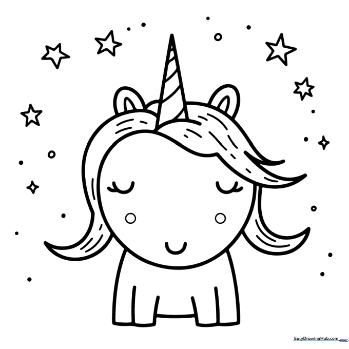 Black and white line art of a chibi unicorn sleeping peacefully with closed eyes and a flowing mane, ready for coloring.
