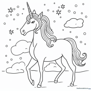 A whimsical unicorn with a flowing mane and sparkling horn, outlined in bold black lines on a white background for easy coloring.
