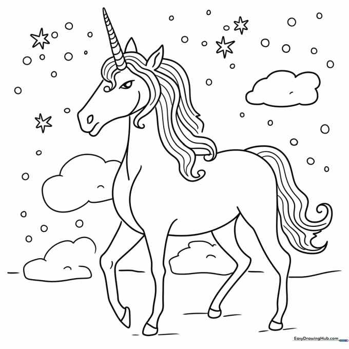 A whimsical unicorn with a flowing mane and sparkling horn, outlined in bold black lines on a white background for easy coloring.