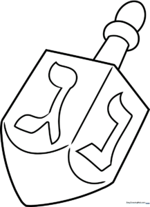 Black and white line art of a traditional four-sided dreidel with clear Hebrew letters, perfect for children's holiday coloring activities.