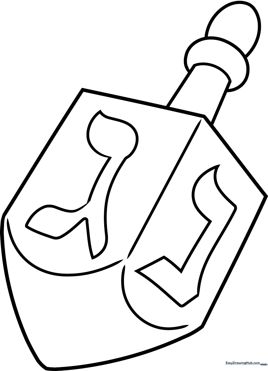Black and white line art of a traditional four-sided dreidel with clear Hebrew letters, perfect for children's holiday coloring activities.