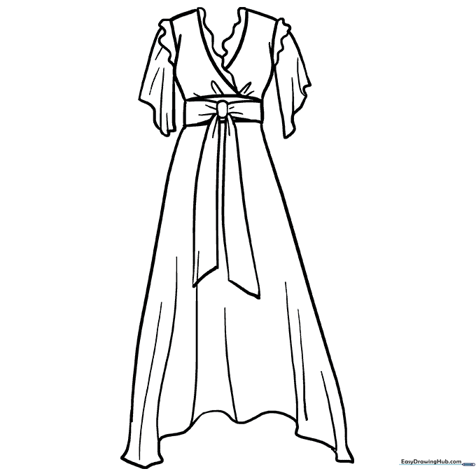 A clean, black-and-white line art illustration of a simple A-line dress with a bow detail, designed for children to color.