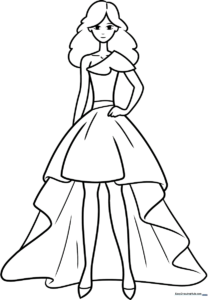 A clean, black-and-white line art illustration of a stylish dress with a flared skirt, ready for children to color and customize.