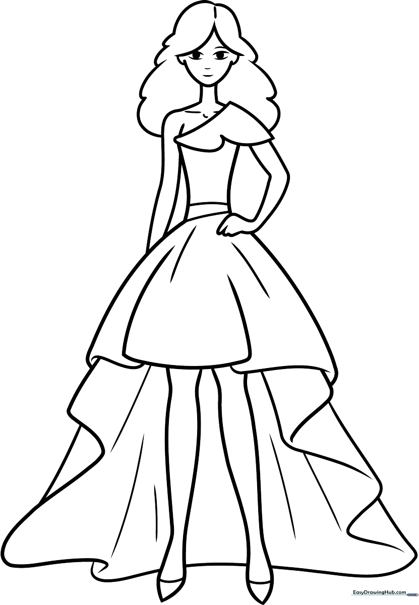 A clean, black-and-white line art illustration of a stylish dress with a flared skirt, ready for children to color and customize.
