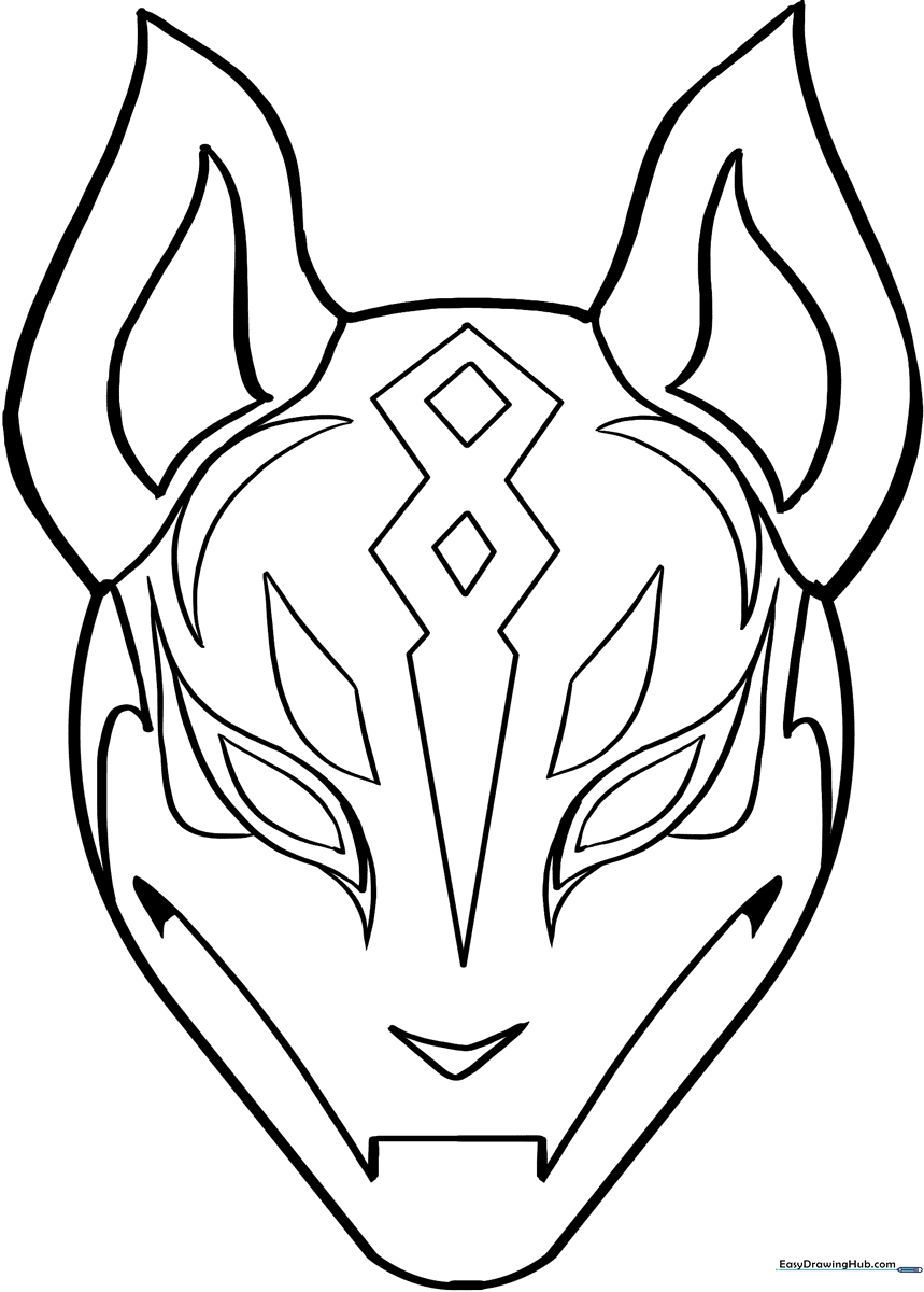 Black and white line art of the Fortnite Drift Mask featuring sharp geometric details and cat-like features, ready for coloring.