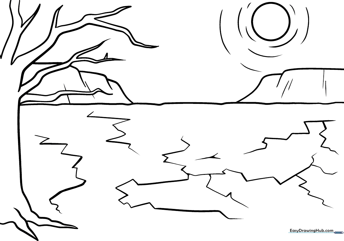 Black and white line art of a dry, cracked earth landscape with a bright sun, designed for children to color.