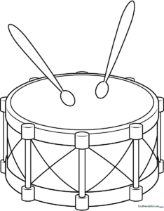 A clean, black-and-white line art illustration of a snare drum with visible tension rods, ready for children to color.