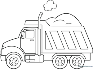 A clean, black-and-white line art illustration of a cartoon dump truck with large wheels and a tilting bed, designed for children to color.