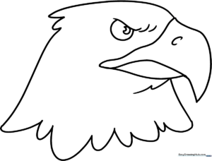 Black and white line art of a bald eagle head, featuring bold outlines and clear sections for coloring the beak, eyes, and feathers.