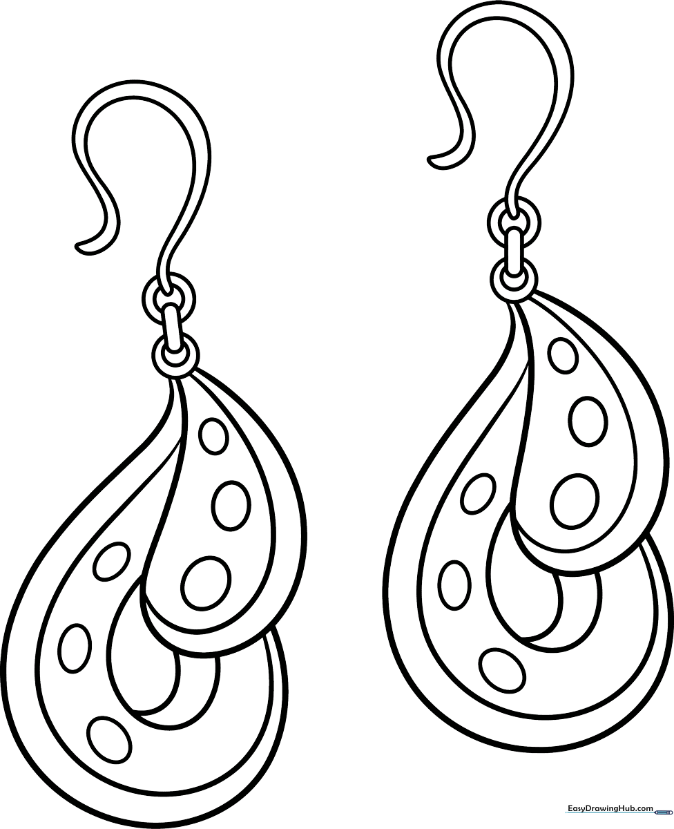 Black and white line art of a pair of dangling earrings with circular gems, ready for children to color.