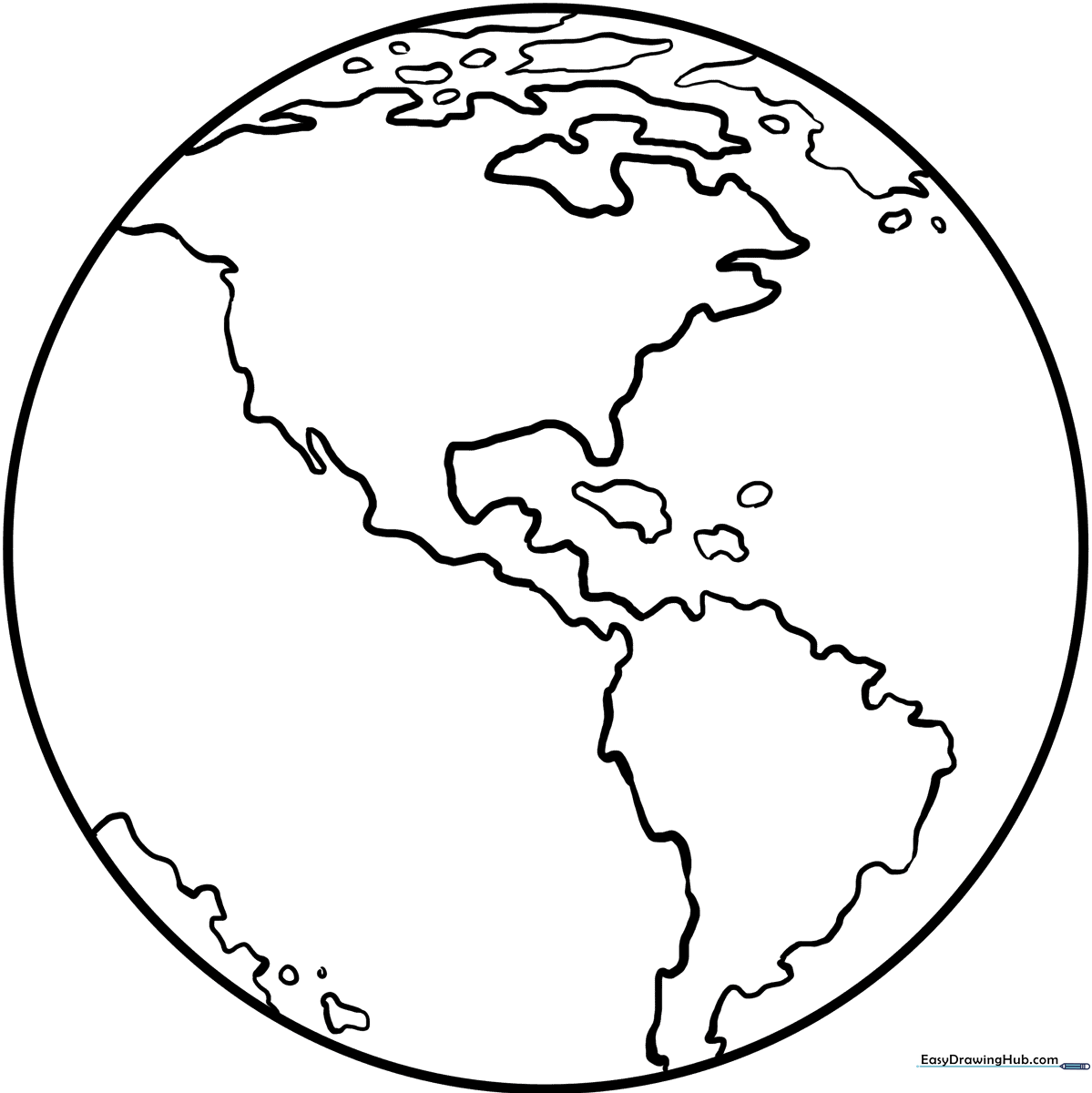 Black and white line art of planet Earth with clearly defined continents and oceans, designed for children to color.