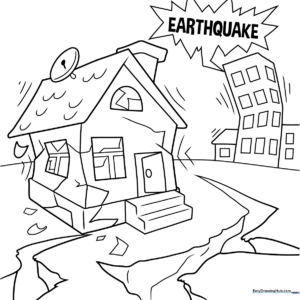Black and white line art of a cartoon earthquake scene with shifting ground and falling structures, designed for children to color.