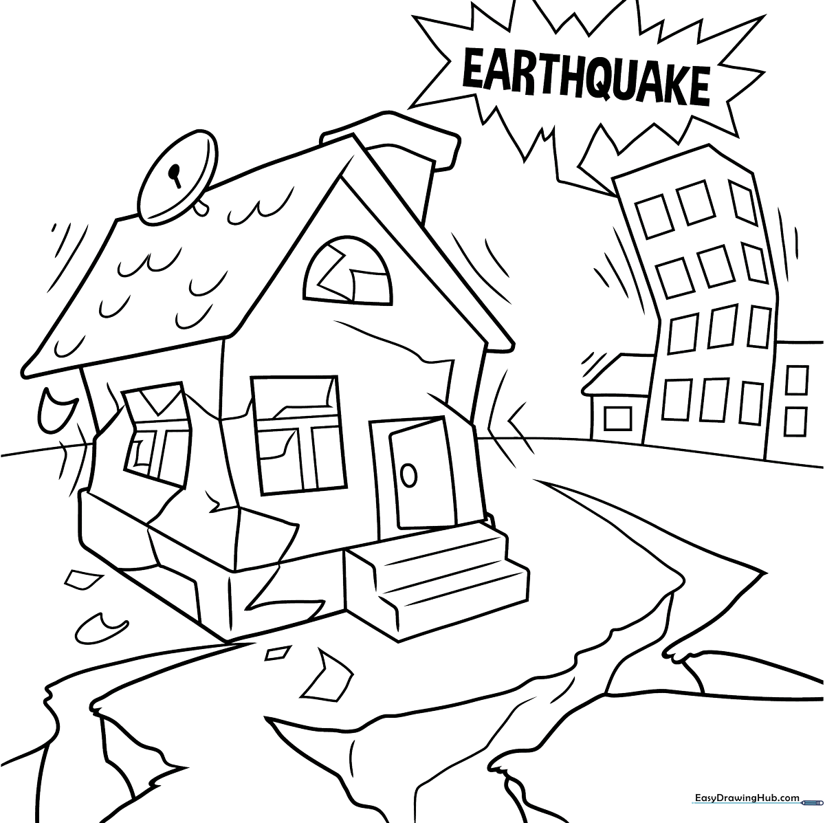 Black and white line art of a cartoon earthquake scene with shifting ground and falling structures, designed for children to color.