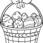 Black and white line art of an Easter basket filled with decorated eggs, featuring clear outlines for easy coloring by young children.