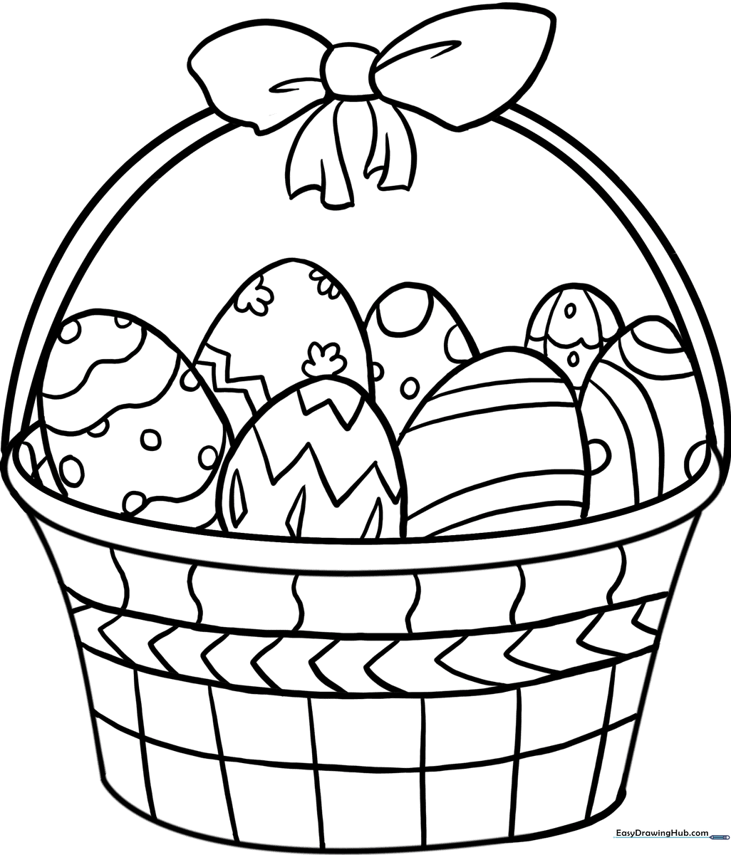 Black and white line art of an Easter basket filled with decorated eggs, featuring clear outlines for easy coloring by young children.