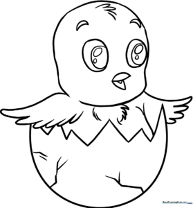 A clean, black-and-white line art illustration of a fluffy Easter chick with large, expressive eyes, perfect for children to color with crayons or markers.