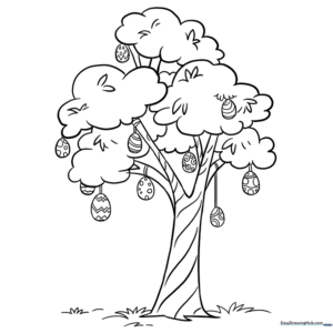 Line art of a tree decorated with hanging Easter eggs, perfect for practicing fine motor coloring skills.