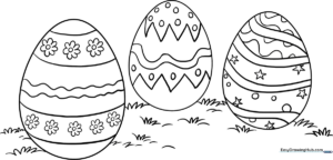 Black and white line art of decorated Easter eggs featuring geometric patterns and swirls, ready for children to color.