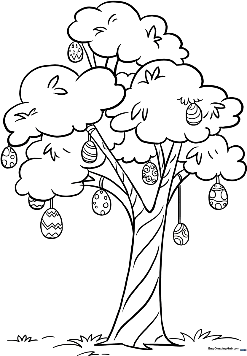 Black and white line art of a stylized tree decorated with hanging patterned Easter eggs, ready for children to color.
