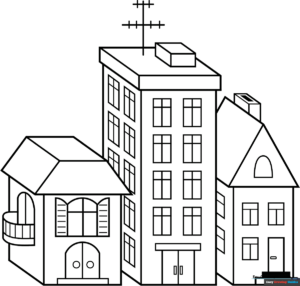 Black and white line art of a 3D city scene with multiple buildings, featuring clear geometric outlines for children to color.