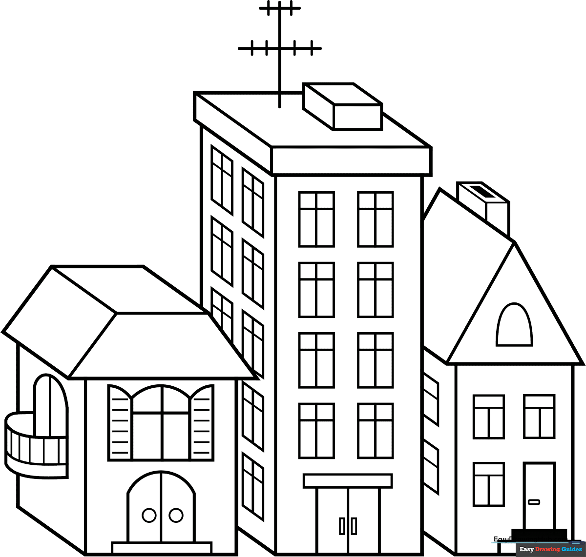 Black and white line art of a 3D city scene with multiple buildings, featuring clear geometric outlines for children to color.