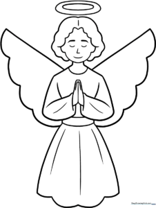 A simple, clean-lined illustration of a cartoon angel with large wings and a halo, designed for children to color with crayons or markers.