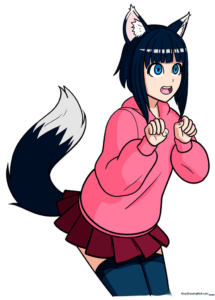 Detailed line art of an anime wolf girl with ears and tail, showing character construction steps.