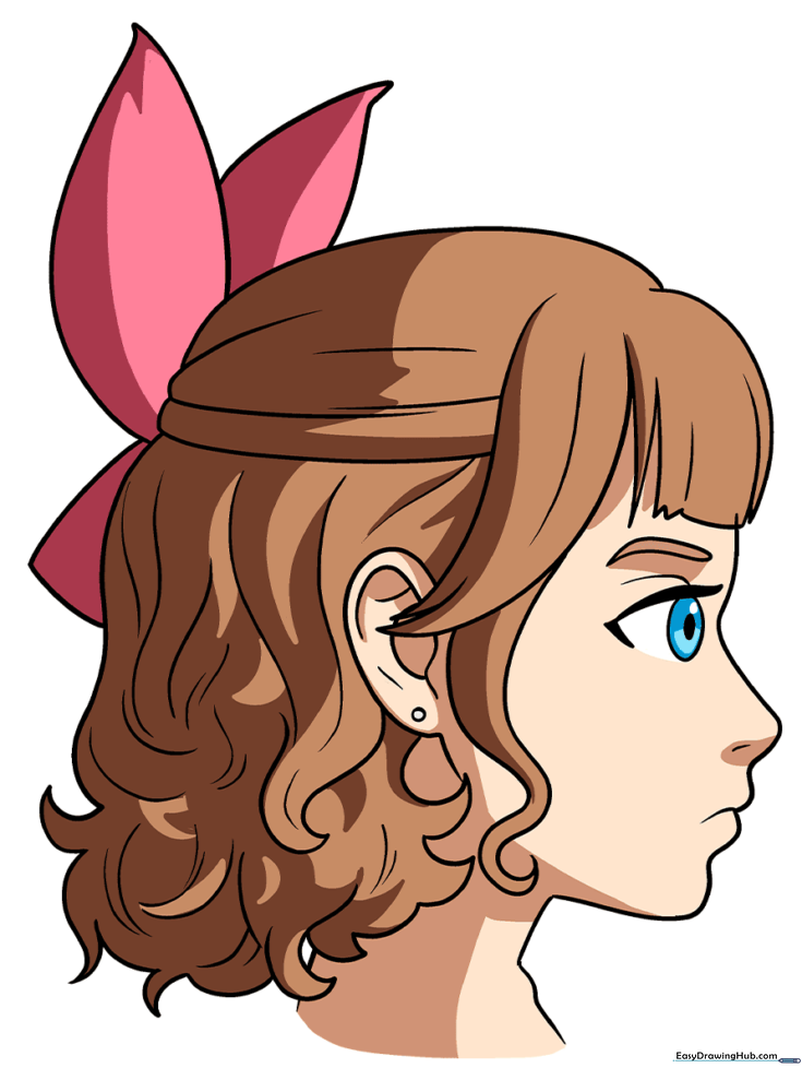 Anime Girl in Side Profile with Curly Hair and a Hair Bow