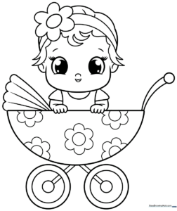 A simple line art illustration of a cute baby girl with a bow, designed for children to color with crayons or markers.
