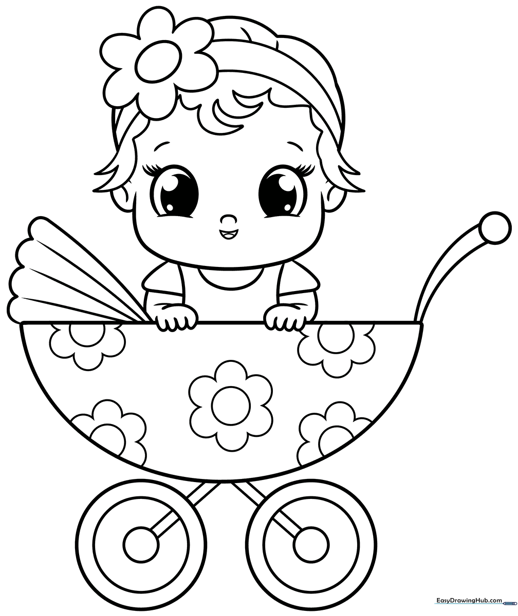 A simple line art illustration of a cute baby girl with a bow, designed for children to color with crayons or markers.