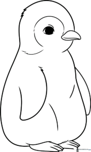 A simple, bold-lined illustration of a cute baby penguin with large eyes, designed for children to color with crayons or markers.