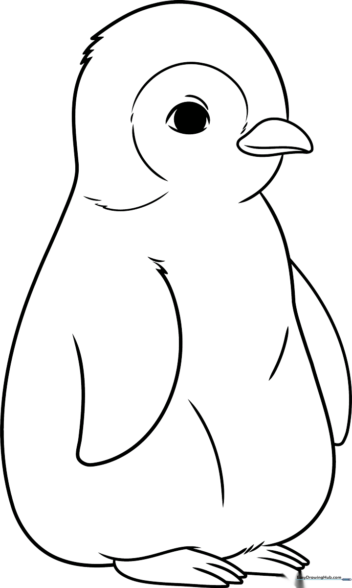 A simple, bold-lined illustration of a cute baby penguin with large eyes, designed for children to color with crayons or markers.