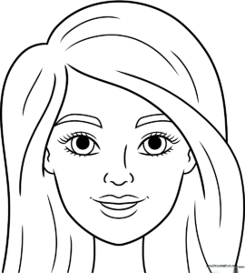 Black and white line art of a Barbie doll face featuring large expressive eyes and stylish hair, designed as a printable coloring activity for children.
