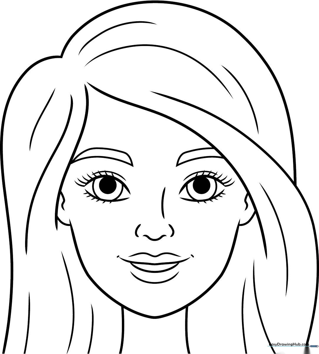 Black and white line art of a Barbie doll face featuring large expressive eyes and stylish hair, designed as a printable coloring activity for children.