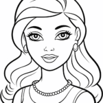 Black and white line art of Barbie with clear, bold outlines, perfect for children practicing coloring techniques.