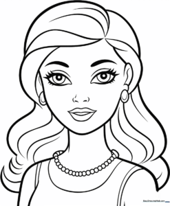 Black and white line art of Barbie with clear, bold outlines, perfect for children practicing coloring techniques.