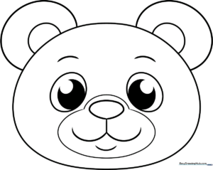 A simple, bold-lined illustration of a cute bear face with large round ears and a friendly smile, designed for easy coloring by young children.