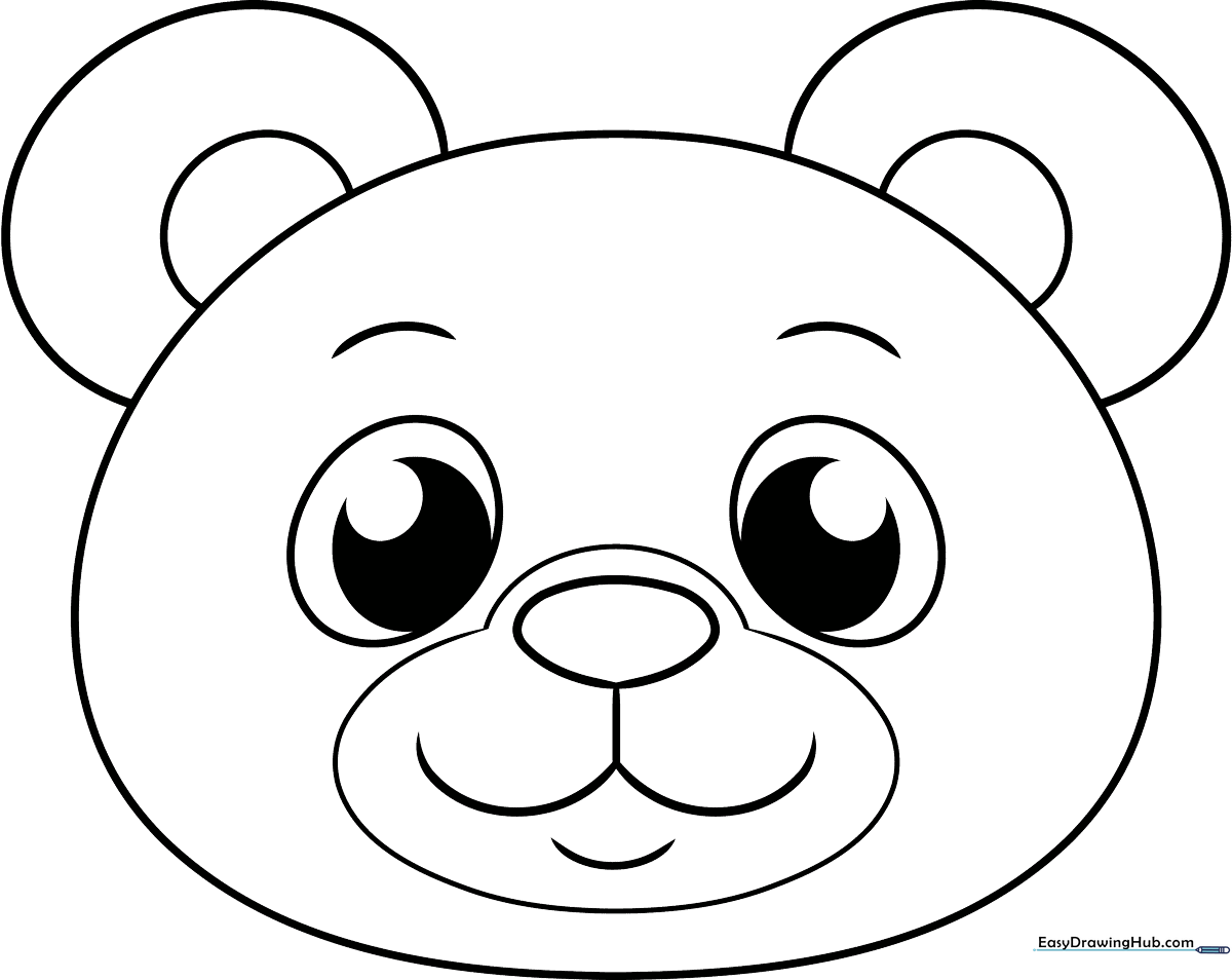A simple, bold-lined illustration of a cute bear face with large round ears and a friendly smile, designed for easy coloring by young children.