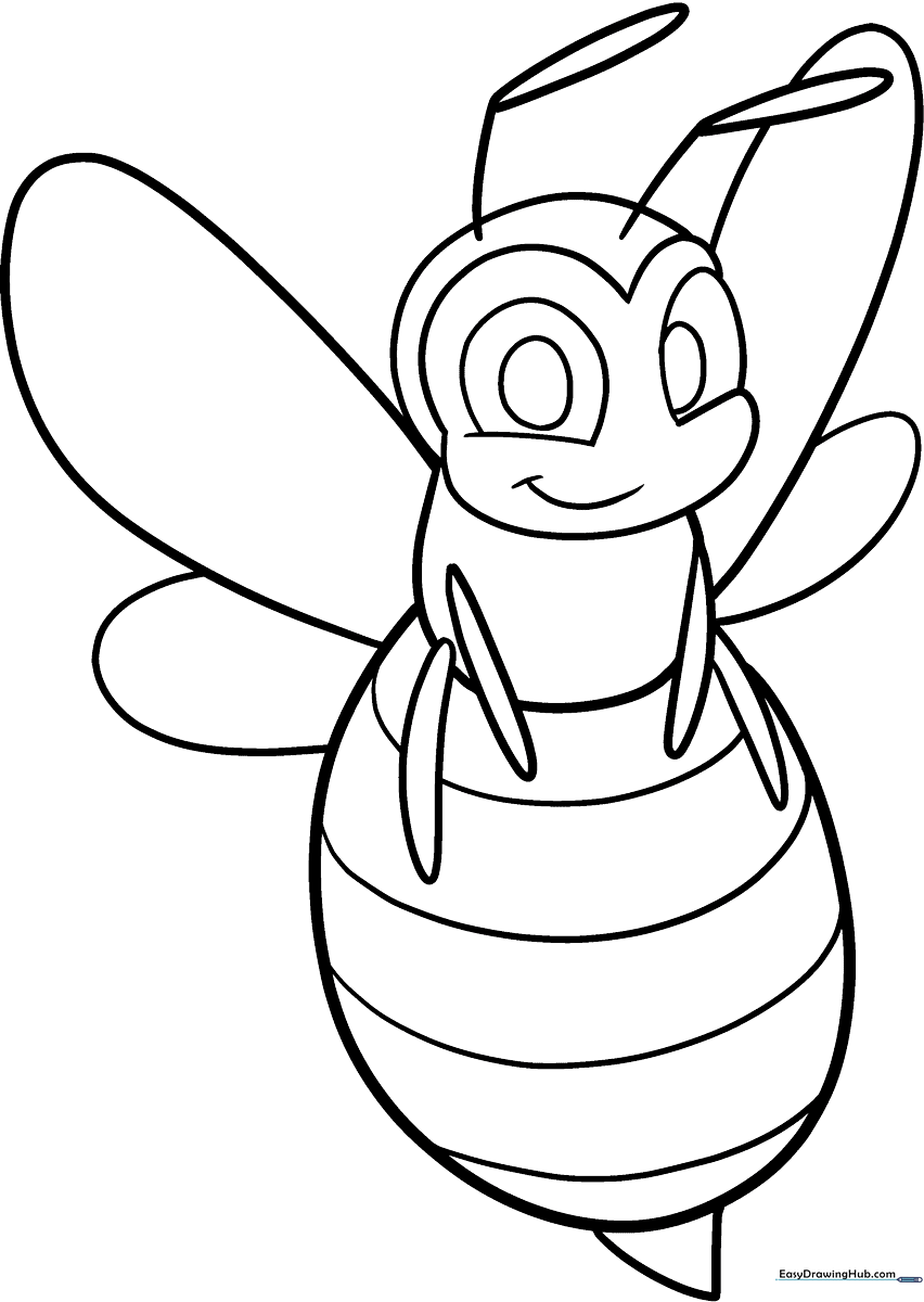 A friendly cartoon bee with large eyes and striped body, outlined in bold black lines for easy coloring by children.