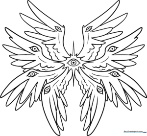 Black and white line art of a stylized, biblically accurate angel with multiple wings and eyes, ready for children to color.