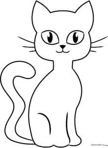 A clean, bold-lined coloring page of a friendly sitting black cat with large expressive eyes, designed for easy coloring by young children.