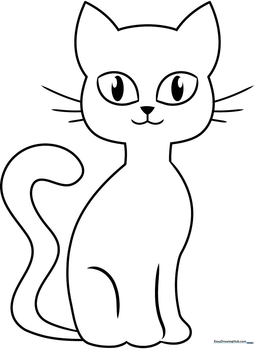 A clean, bold-lined coloring page of a friendly sitting black cat with large expressive eyes, designed for easy coloring by young children.