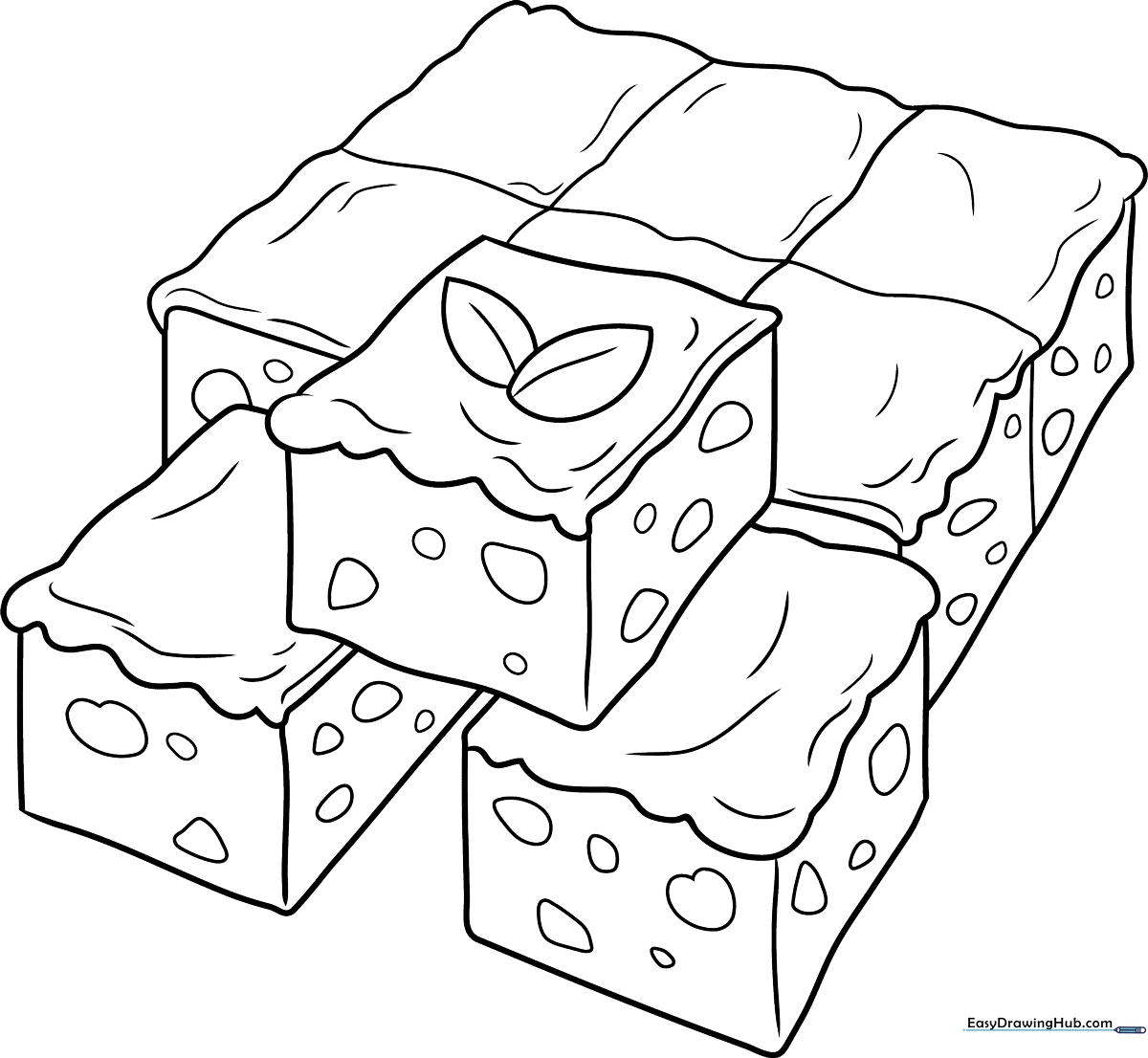 A simple, bold-lined illustration of a square brownie with a smiling face, designed for children to color with markers or crayons.