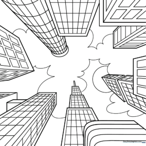 Black and white line art of city buildings receding toward a central vanishing point, designed to teach children one-point perspective drawing concepts.